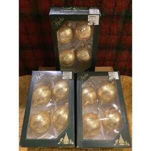 Krebs Christmas Glass Bulb Ornaments Gold Velvet Glitter Swirls & Stars 3 Boxes